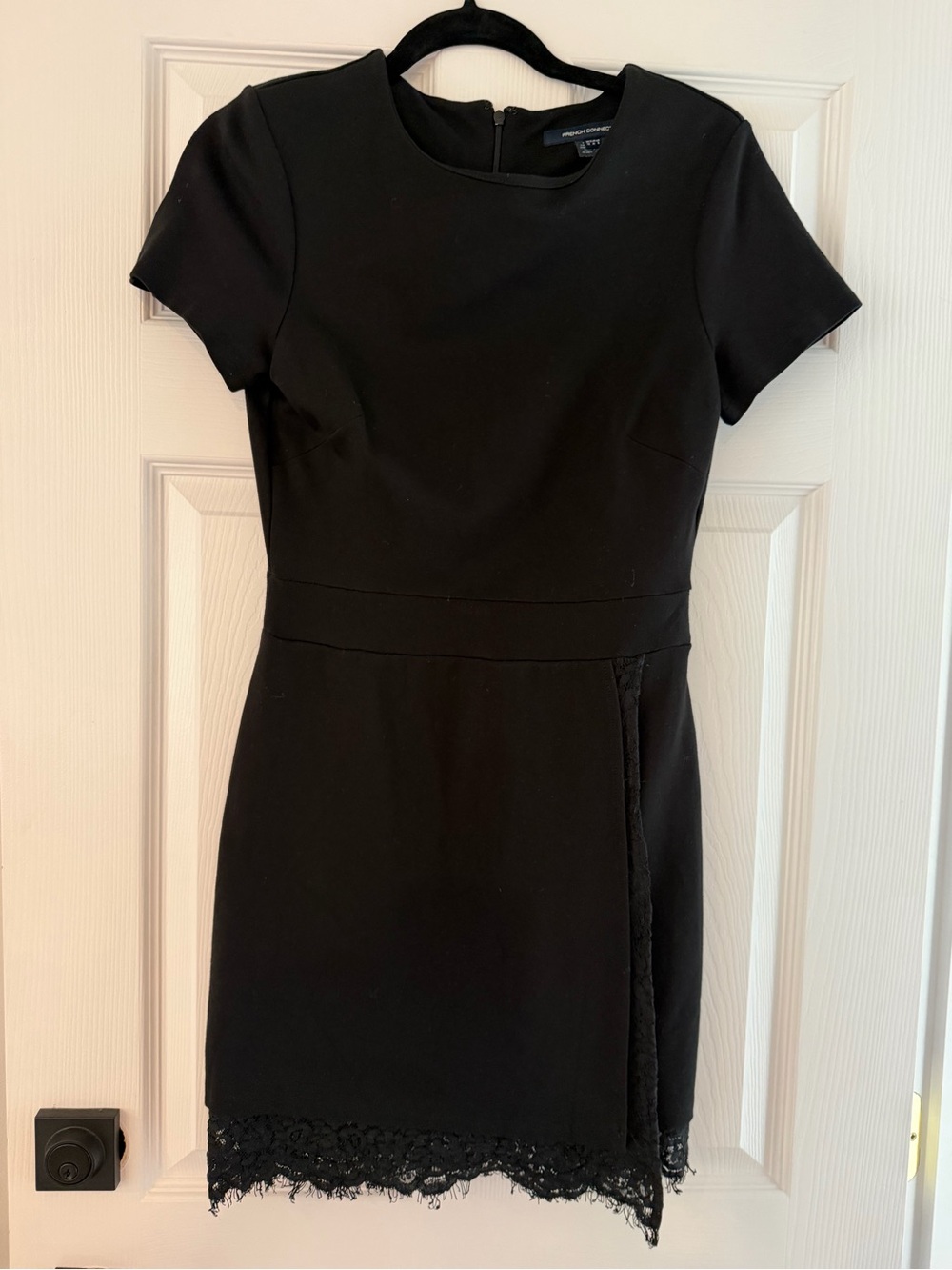 French Connection Black Short Sleeve Mini Dress with Lace Hem